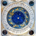 Ancient Clock Torre Dell`Orologio With Zodiac Signs, Venice, Italy. It Is Old Landmark Of Venice