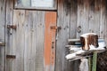 Ancient closed and forgotten doorway. Old wooden door background Royalty Free Stock Photo