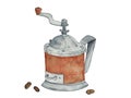 Ancient coffee grinder with coffee beans