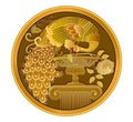 Ancient coin with gold peacock. Fantasy ornament for logo, icon, dish, tattoo. Medallion with fairy tale bird. Circle vintage