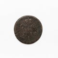 Ancient coin of Russian Empire 1843. Close-up isolated on white background. Royalty Free Stock Photo