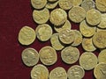 Ancient coin treasure. Stamped golden round money.