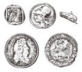 Ancient coins or gold and silver money. roman and greek cash reward. engraved hand drawn in old sketch, vintage style. Royalty Free Stock Photo