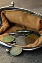 Ancient coins in the open vintage purse