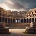 An ancient coliseum with weathered stones and a sense of grandeur, hinting at gladiatorial battles of the past1