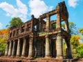 Ancient colonnade, ruins of an ancient Khmer building with columns, Preah Khan