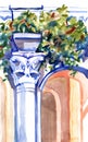 Ancient column on a background of leaves. Watercolor nature planair illuastration.