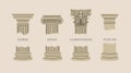 Ancient column elements with various capitals (head) set. Doric, Ionic, Corinthian, Tuscan orders. Royalty Free Stock Photo
