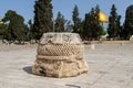 Ancient column heads in courtyard of Aqsa Mosque in Jerusalem city. Roman archeological objects