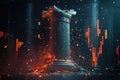 Ancient Column in Ruins Surrounded by Dynamic Fire and Glowing Elements, Symbolizing Change and Transformation in an Royalty Free Stock Photo