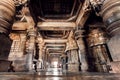 Ancient columns and corridor inside the 12th century stone temple Hoysaleswara, India.