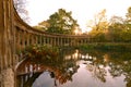 The ancient columns of Parc Monceau are reflected in the water of the oval basin, in the sun . This public garden is located in Royalty Free Stock Photo