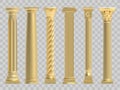 Ancient columns. Realistic golden greek ancient column, classic historic columns. Antique architectural gold pillars Royalty Free Stock Photo