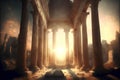 Ancient columns at sunset. 3D render. Fantasy vintage illustration.