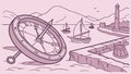 Ancient Compass on Harbor Shoreline with Ship, vector design Generative AI Royalty Free Stock Photo