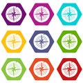 Ancient compass icon set color hexahedron Royalty Free Stock Photo