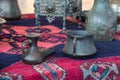 Ancient copper production and utensils. Retro style oil lamp and bowl