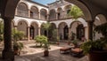 Ancient courtyard, famous arch, old building, Spanish culture, elegant design generated by AI