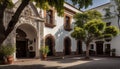 Ancient courtyard with old arches, tree, and Christian chapel generated by AI