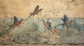 Ancient cracked fresco of nature, damaged mural of birds on old plaster wall. Painted artifact of past civilization. Theme of fine