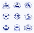 Ancient Crowns emblems set. Heraldic vector design elements collection. Royalty Free Stock Photo