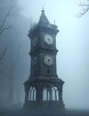 An ancient, crumbling clock tower, its hands frozen in time, surrounded by a mysterious fog.