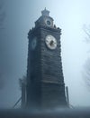 An ancient, crumbling clock tower, its hands frozen in time, surrounded by a mysterious fog.