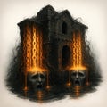 Ancient Stone Structure with Fiery Beams and Ethereal Skulls haunted house abandoned Royalty Free Stock Photo