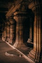 Ancient decorated pillars of badami caves carved with chalukyan architecture,India