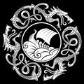 Ancient decorative dragon in celtic style, scandinavian knot-work illustration, and Viking ship Drakkar Royalty Free Stock Photo