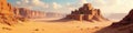 Ancient desert castle, towering sandstone cliffs, endless sand , mountains, beige, landscape Royalty Free Stock Photo