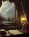 Ancient desk and window, vintage atmosphere and splendid view