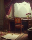 Ancient desk and window, vintage atmosphere and splendid view Royalty Free Stock Photo