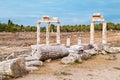 The ancient destroyed city of Hierapolis near Pamukkale, Denizli, Turkey in the summer. On a background the sky in overcast. Horiz Royalty Free Stock Photo