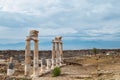 The ancient destroyed city of Hierapolis near Pamukkale, Denizli, Turkey in the summer. On a background the sky in overcast. Horiz Royalty Free Stock Photo