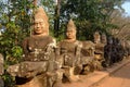 Ancient devas statues carved out of stones depicting the scene of Samudra Manthan Devas Pulling Vasuki Royalty Free Stock Photo