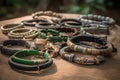 Ancient different tribe bracelet on table. Generate Ai