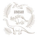 Ancient dinosaurs and palm branches monochrome outline sketch Royalty Free Stock Photo