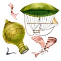 Ancient dirigible, hot air baloon vintage watercolor illustration isolated. Royalty Free Stock Photo