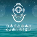 Ancient diving helmet. Set of sea icons. Royalty Free Stock Photo