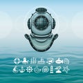 Ancient diving helmet. Set of sea icons. Royalty Free Stock Photo