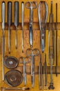 Ancient doctor wooden case with surgical equipment