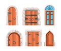 Ancient doors. Wooden stone medieval and old building doors and gates from castles vector designs