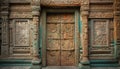 Ancient doorway of weathered sandstone leads to ornate Hindu sculpture generated by AI