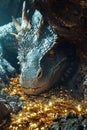 Ancient dragon hoarding gold, dim cave, closeup, treasure gleam, highdefinition render , hyper realistic