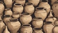 Ancient earthenware jugs, asia vintage utensils. Unglazed Amphorae and jars of large size