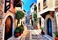 Ancient eastern narrow streets of the beautiful Kukort Muslim city on the shores of the Mediterranean Sea