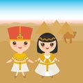 Ancient Egypt boy and girl in national costume and hat. Landscape, pyramids, sky, desert, camel. Cartoon children in traditional d