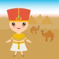 Ancient Egypt boy in national costume and hat. Cartoon children in traditional dress. Ancient Egypt, pyramids, desert, camels. Vec