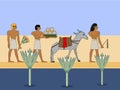 Ancient Egypt caravan travels through the desert. Egyptian traders with donkey travels througth the desert.